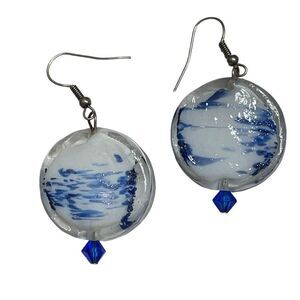 HANDMADE Large Round White/Blue Bead Dangle‎ Earrings